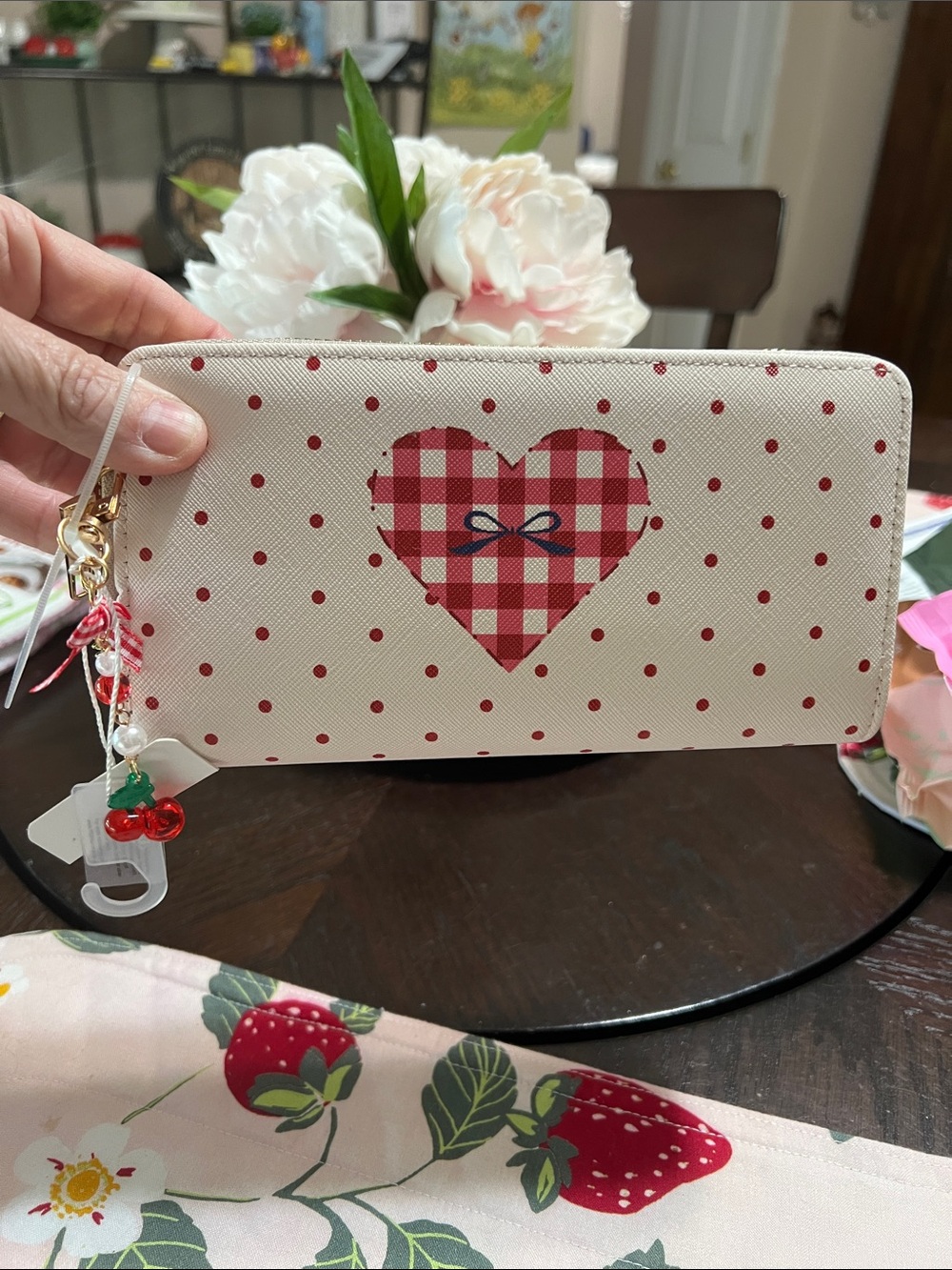 New Women’s Cream Wallet with Red Gingham Heart Accent